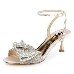 FYS Women Cute Rhinestones Bow Peep Toe Low Kitten Heel Ankle Strap Sandals